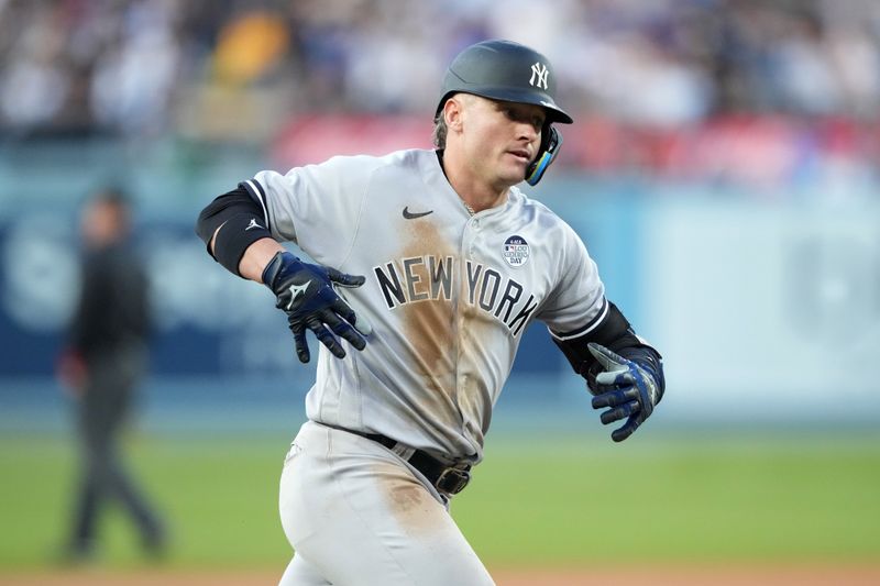 Jun 2, 2023; Los Angeles, California, USA; New York Yankees third baseman Josh Donaldson (28) celebrates after hitting a solo home run in the second inning against the Los Angeles Dodgers at Dodger Stadium. Mandatory Credit: Kirby Lee-USA TODAY Sports