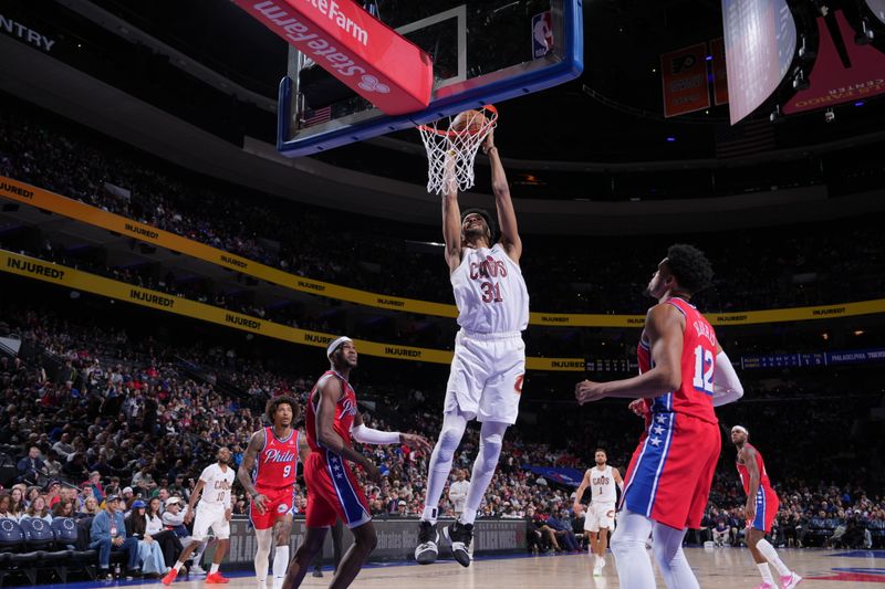 PHILADELPHIA, PA - FEBRUARY 23: Jarrett Allen #31 of the Cleveland Cavaliers dunks the ball during the game against the Philadelphia 76ers on February 23, 2024 at the Wells Fargo Center in Philadelphia, Pennsylvania NOTE TO USER: User expressly acknowledges and agrees that, by downloading and/or using this Photograph, user is consenting to the terms and conditions of the Getty Images License Agreement. Mandatory Copyright Notice: Copyright 2024 NBAE (Photo by Jesse D. Garrabrant/NBAE via Getty Images)