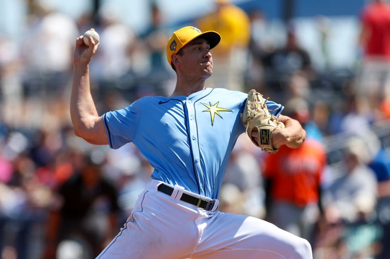 Mar 15, 2024; Port Charlotte, Florida, USA;  Tampa Bay Rays pitcher Jacob Waguespack (67) throws a pitch against the Baltimore Orioles in the sixth inning at Charlotte Sports Park. Mandatory Credit: Nathan Ray Seebeck-USA TODAY Sports