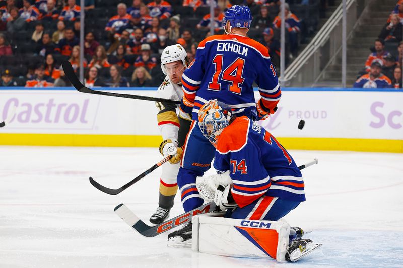 Nov 28, 2023; Edmonton, Alberta, CAN; Vegas Golden Knights forward Mark Stone (61) scores a goal during the second period against Edmonton Oilers goaltender Stuart Skinner (74) at Rogers Place. Mandatory Credit: Perry Nelson-USA TODAY Sports