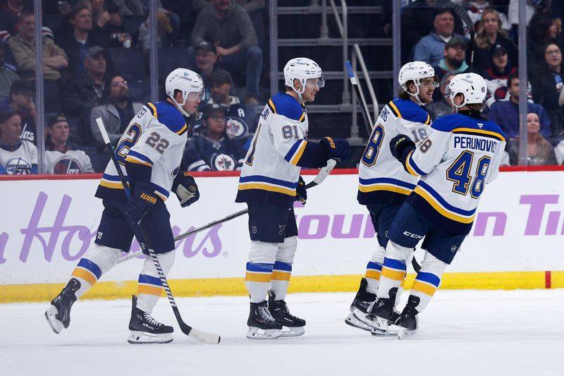 Dec 3, 2024; Winnipeg, Manitoba, CAN;  St. Louis Blues forward Dylan Holloway (71) is congratulated by his teammates on his goal against the Winnipeg Jets during the second period at Canada Life Centre. Mandatory Credit: Terrence Lee-Imagn Images