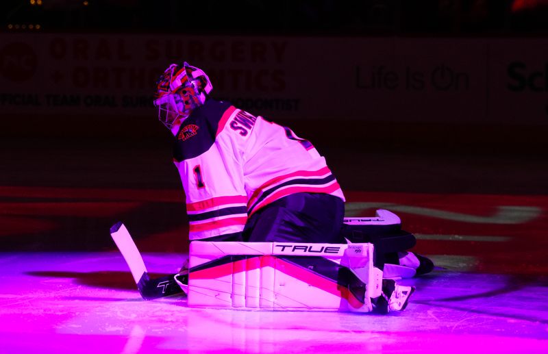 Oct 31, 2024; Raleigh, North Carolina, USA;  Boston Bruins goaltender Jeremy Swayman (1) looks on before the start of the game against the Carolina Hurricanes at Lenovo Center. Mandatory Credit: James Guillory-Imagn Images