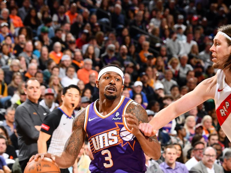 PHOENIX, AZ - MARCH 7: Bradley Beal #3 of the Phoenix Suns handles the ball during the game against the Toronto Raptors on March 7, 2024 at Footprint Center in Phoenix, Arizona. NOTE TO USER: User expressly acknowledges and agrees that, by downloading and or using this photograph, user is consenting to the terms and conditions of the Getty Images License Agreement. Mandatory Copyright Notice: Copyright 2024 NBAE (Photo by Barry Gossage/NBAE via Getty Images)