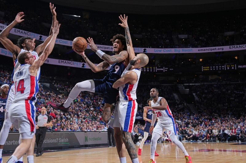 PHILADELPHIA, PA - APRIL 9: Kelly Oubre Jr. #9 of the Philadelphia 76ers drives to the basket during the game against the Detroit Pistons on April 9, 2024 at the Wells Fargo Center in Philadelphia, Pennsylvania NOTE TO USER: User expressly acknowledges and agrees that, by downloading and/or using this Photograph, user is consenting to the terms and conditions of the Getty Images License Agreement. Mandatory Copyright Notice: Copyright 2024 NBAE (Photo by Jesse D. Garrabrant/NBAE via Getty Images)