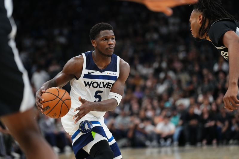 SAN ANTONIO, TX - NOVEMBER 2: Anthony Edwards #5 of the Minnesota Timberwolves handles the ball during the game against the San Antonio Spurs on November 2, 2024 at the Frost Bank Center in San Antonio, Texas. NOTE TO USER: User expressly acknowledges and agrees that, by downloading and or using this photograph, user is consenting to the terms and conditions of the Getty Images License Agreement. Mandatory Copyright Notice: Copyright 2024 NBAE (Photos by Cooper Neill/NBAE via Getty Images)