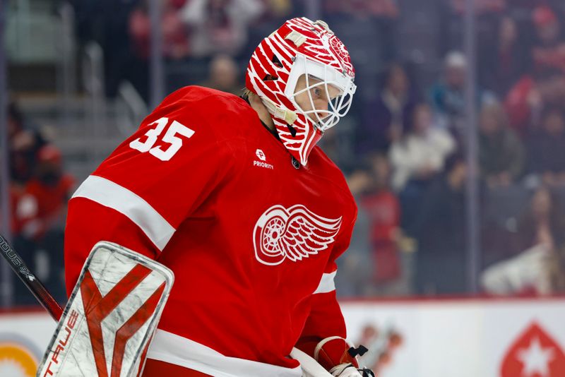 Jan 14, 2025; Detroit, Michigan, USA;  Detroit Red Wings goaltender Ville Husso (35) looks against the San Jose Sharks at Little Caesars Arena. Mandatory Credit: Rick Osentoski-Imagn Images