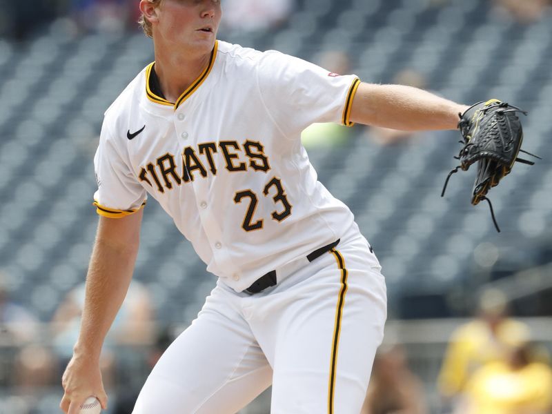 Jul 8, 2024; Pittsburgh, Pennsylvania, USA;  Pittsburgh Pirates starting pitcher Mitch Keller (23) delivers a pitch against the New York Mets during the first inning at PNC Park. Mandatory Credit: Charles LeClaire-USA TODAY Sports