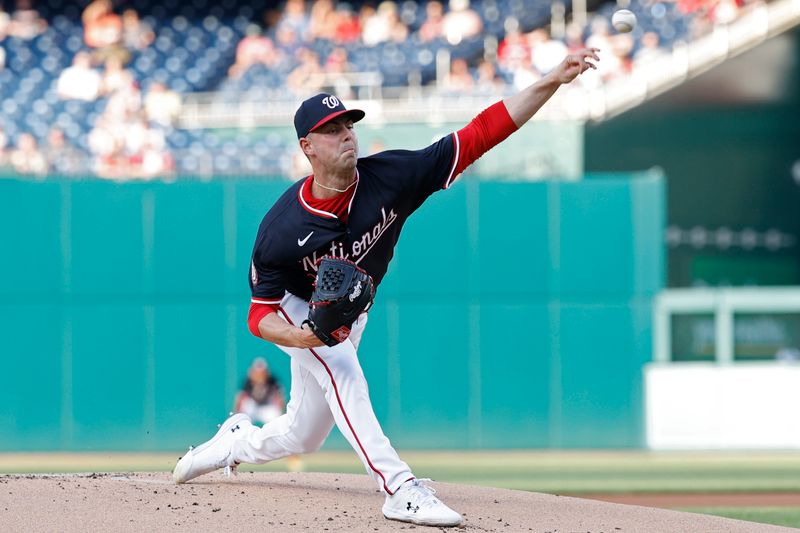 May 24, 2024; Washington, District of Columbia, USA; Washington Nationals pitcher MacKenzie Gore (1) pitches against the Seattle Mariners during the first inning at Nationals Park. Mandatory Credit: Geoff Burke-USA TODAY Sports