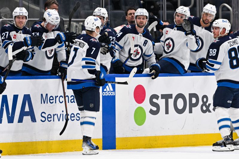 Mar 23, 2024; Elmont, New York, USA;  Winnipeg Jets center Vladislav Namestnikov (7) celebrates his goal against the New York Islanders during the first period at UBS Arena. Mandatory Credit: Dennis Schneidler-USA TODAY Sports