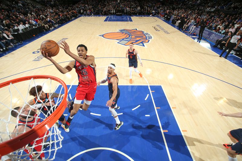 NEW YORK, NY - FEBRUARY 27:  Trey Murphy III #25 of the New Orleans Pelicans goes to the basket during the game on February 27, 2024 at Madison Square Garden in New York City, New York.  NOTE TO USER: User expressly acknowledges and agrees that, by downloading and or using this photograph, User is consenting to the terms and conditions of the Getty Images License Agreement. Mandatory Copyright Notice: Copyright 2024 NBAE  (Photo by Nathaniel S. Butler/NBAE via Getty Images)