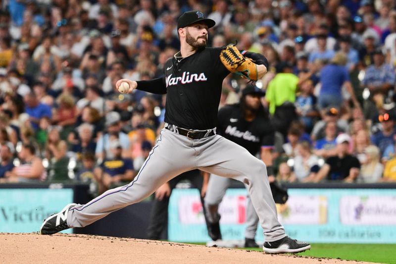 Jul 28, 2024; Milwaukee, Wisconsin, USA;  Miami Marlins pitcher Kyle Tyler (73) pitches in the first inning against the Milwaukee Brewers at American Family Field. Mandatory Credit: Benny Sieu-USA TODAY Sports