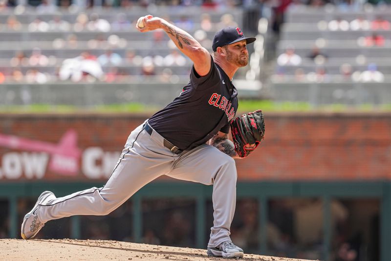 Apr 26, 2024; Cumberland, Georgia, USA; Cleveland Guardians starting pitcher Ben Lively (39) pitches against the Atlanta Braves during the first inning at Truist Park. Mandatory Credit: Dale Zanine-USA TODAY Sports