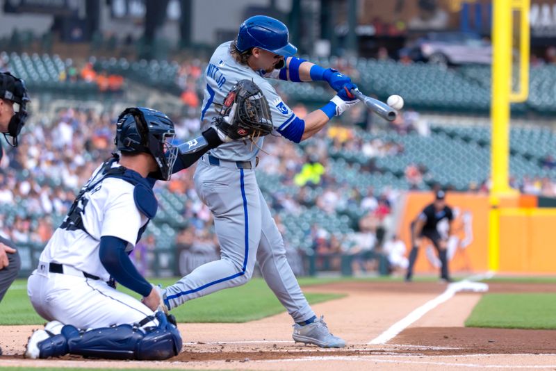 Aug 1, 2024; Detroit, Michigan, USA; Kansas City Royals shortstop Bobby Witt Jr. (7) swings and makes contact in the first inning against the Detroit Tigers at Comerica Park. Mandatory Credit: David Reginek-USA TODAY Sports