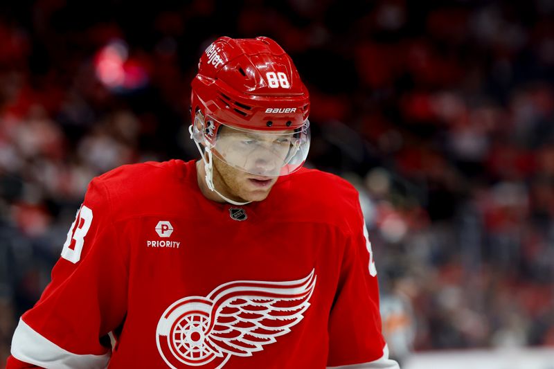 Oct 4, 2024; Detroit, Michigan, USA;  Detroit Red Wings right wing Patrick Kane (88) looks down during the second period against the Ottawa Senators at Little Caesars Arena. Mandatory Credit: Rick Osentoski-Imagn Images