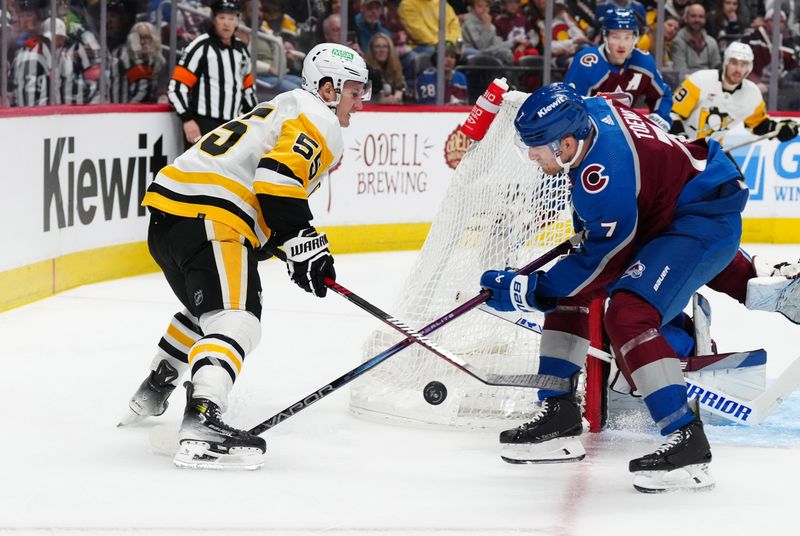 Mar 24, 2024; Denver, Colorado, USA; Pittsburgh Penguins center Noel Acciari (55) and Colorado Avalanche defenseman Devon Toews (7) during the first period at Ball Arena. Mandatory Credit: Ron Chenoy-USA TODAY Sports