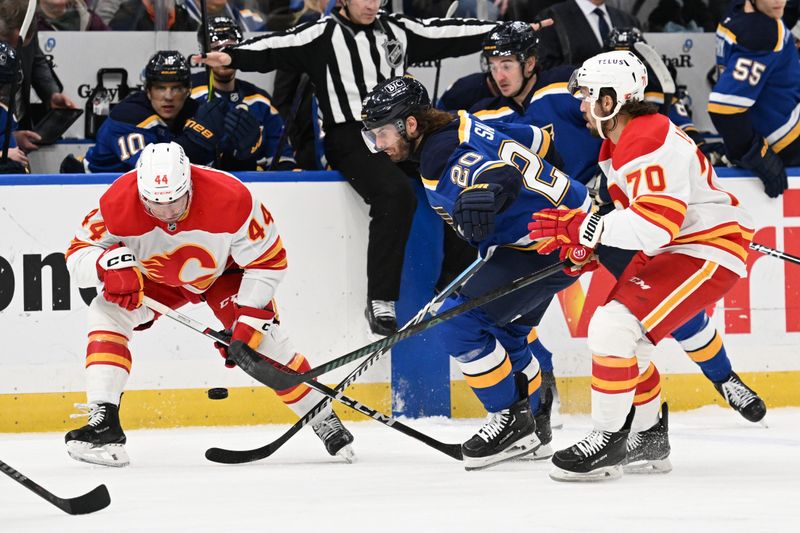 Jan 14, 2025; St. Louis, Missouri, USA; Calgary Flames defenseman Joel Hanley (44) and teammate left wing Ryan Lomberg (70) battle St. Louis Blues left wing Brandon Saad (20) for the puck in the second period at Enterprise Center. Mandatory Credit: Joe Puetz-Imagn Images