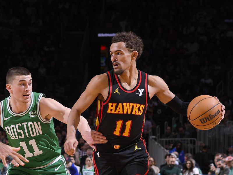 BOSTON, MA - FEBRUARY 7: Trae Young #11 of the Atlanta Hawks dribbles the ball during the game against the Boston Celtics on February 7, 2024 at the TD Garden in Boston, Massachusetts. NOTE TO USER: User expressly acknowledges and agrees that, by downloading and or using this photograph, User is consenting to the terms and conditions of the Getty Images License Agreement. Mandatory Copyright Notice: Copyright 2024 NBAE  (Photo by Brian Babineau/NBAE via Getty Images)