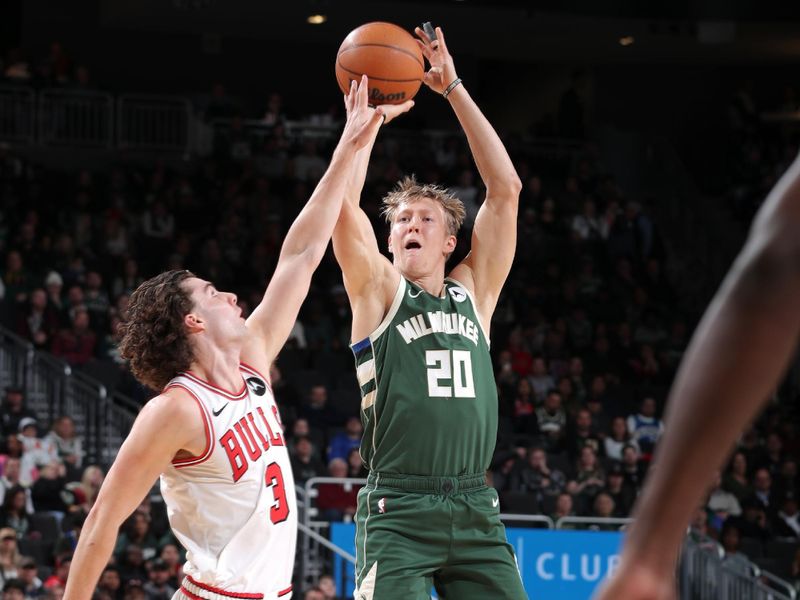 MILWAUKEE, WI - NOVEMBER 20: AJ Green #20 of the Milwaukee Bucks three point basket during the game against the Chicago Bulls on November 20, 2024 at the Fiserv Forum Center in Milwaukee, Wisconsin. NOTE TO USER: User expressly acknowledges and agrees that, by downloading and or using this Photograph, user is consenting to the terms and conditions of the Getty Images License Agreement. Mandatory Copyright Notice: Copyright 2024 NBAE (Photo by Gary Dineen/NBAE via Getty Images).