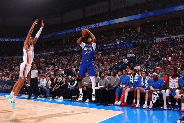 OKLAHOMA CITY, OK - DECEMBER 21: Norman Powell #24 of the LA Clippers shoots a three point basket during the game against the Oklahoma City Thunder on December 21, 2023 at Paycom Arena in Oklahoma City, Oklahoma. NOTE TO USER: User expressly acknowledges and agrees that, by downloading and or using this photograph, User is consenting to the terms and conditions of the Getty Images License Agreement. Mandatory Copyright Notice: Copyright 2023 NBAE (Photo by Zach Beeker/NBAE via Getty Images)