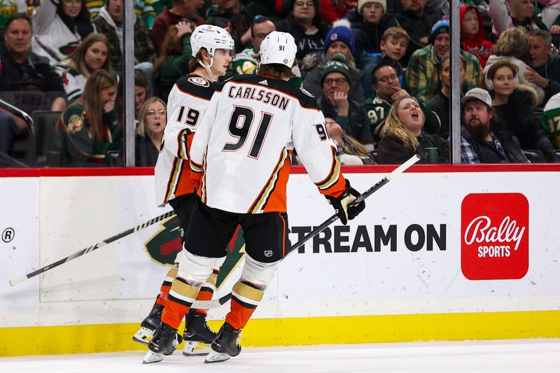 Jan 27, 2024; Saint Paul, Minnesota, USA; Anaheim Ducks right wing Troy Terry (19) celebrates his goal against the Minnesota Wild during the third period at Xcel Energy Center. Mandatory Credit: Matt Krohn-USA TODAY Sports