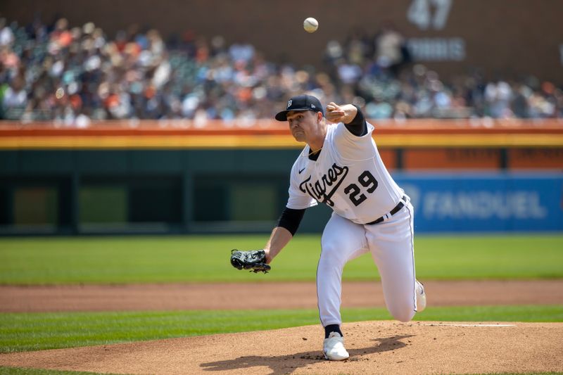 Aug 5, 2023; Detroit, Michigan, USA; Detroit Tigers starting pitcher Tarik Skubal (29) delivers in the first inning against the Tampa Bay Rays at Comerica Park. Mandatory Credit: David Reginek-USA TODAY Sports