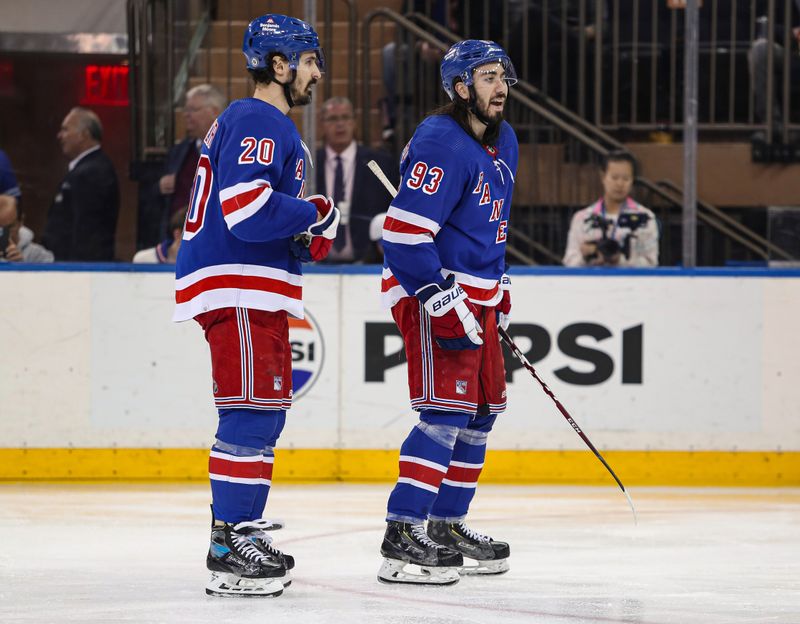 Apr 11, 2024; New York, New York, USA; New York Rangers center Mika Zibanejad (93) and left wing Chris Kreider (20) skate before a face-off against the New York Rangers during the third period at Madison Square Garden. Mandatory Credit: Danny Wild-USA TODAY Sports