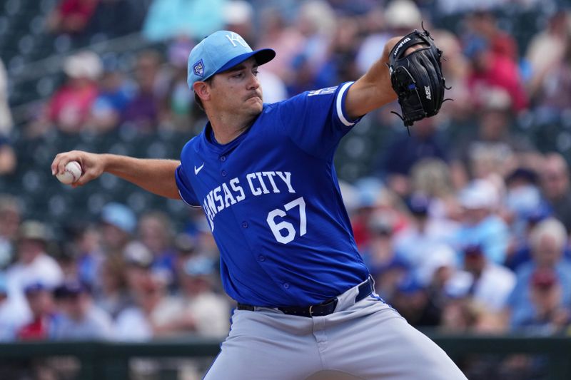 Mar 8, 2024; Surprise, Arizona, USA; Kansas City Royals starting pitcher Seth Lugo (67) pitches against the Texas Rangers during the first inning at Surprise Stadium. Mandatory Credit: Joe Camporeale-USA TODAY Sports