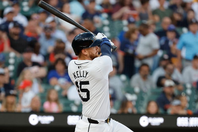 May 23, 2024; Detroit, Michigan, USA;  Detroit Tigers catcher Carson Kelly (15) hits a single in the sixth inning against the Toronto Blue Jays at Comerica Park. Mandatory Credit: Rick Osentoski-USA TODAY Sports