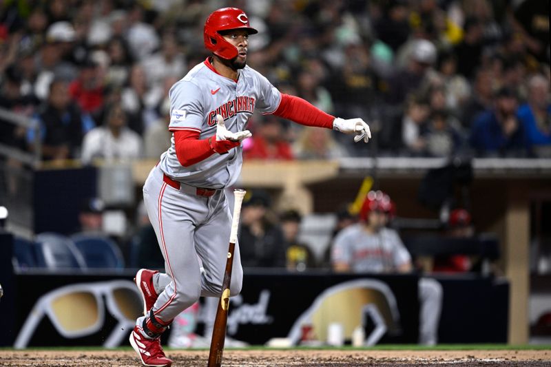 Apr 29, 2024; San Diego, California, USA; Cincinnati Reds center fielder Will Benson (30) hits a double against the San Diego Padres during the fifth inning at Petco Park. Mandatory Credit: Orlando Ramirez-USA TODAY Sports