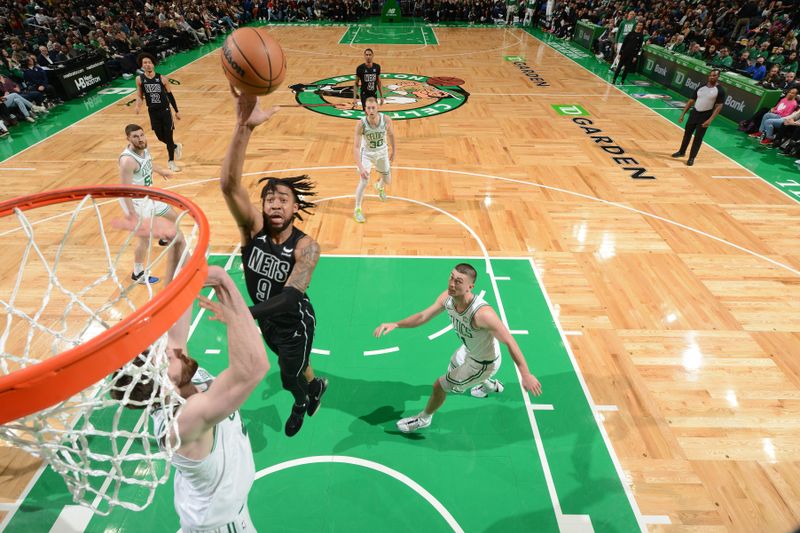 BOSTON, MA - FEBRUARY 14: Trendon Watford #9 of the Brooklyn Nets drives to the basket during the game against the Boston Celtics on February 14, 2024 at the TD Garden in Boston, Massachusetts. NOTE TO USER: User expressly acknowledges and agrees that, by downloading and or using this photograph, User is consenting to the terms and conditions of the Getty Images License Agreement. Mandatory Copyright Notice: Copyright 2024 NBAE  (Photo by Brian Babineau/NBAE via Getty Images)