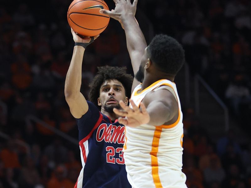 Feb 3, 2026; Knoxville, Tennessee, USA;  Mississippi Rebels guard Patton Pinkins (23) shoots the ball against the Tennessee Volunteers during the second half at Thompson-Boling Arena at Food City Center. Mandatory Credit: Randy Sartin-Imagn Images