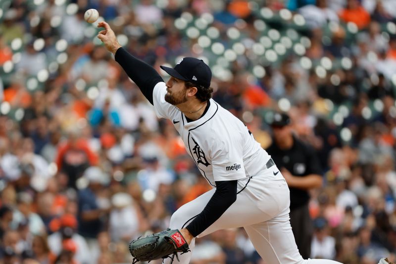 Sep 26, 2024; Detroit, Michigan, USA;  Detroit Tigers pitcher Casey Mize (12) pitches in the fifth inning against the Tampa Bay Rays at Comerica Park. Mandatory Credit: Rick Osentoski-Imagn Images