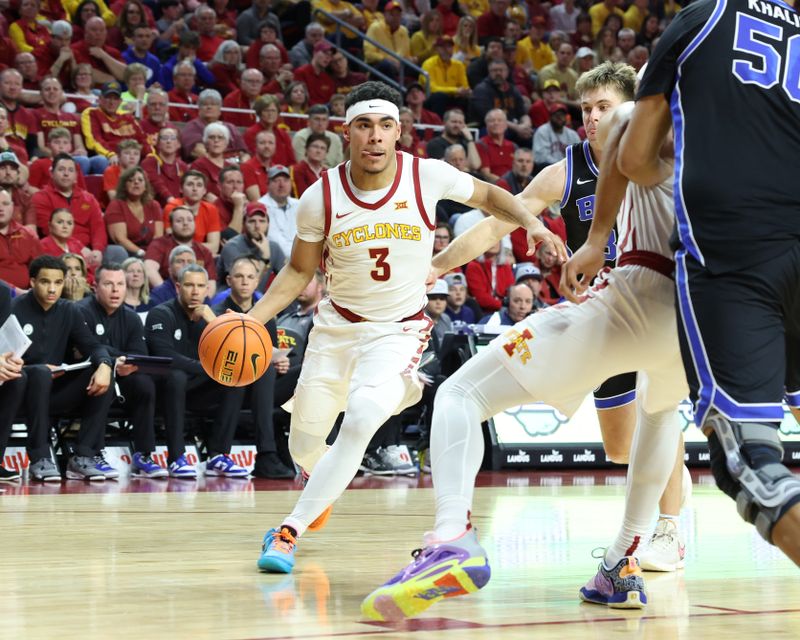 Mar 6, 2024; Ames, Iowa, USA; Iowa State Cyclones guard Tamin Lipsey (3) drives to the basket against the Brigham Young Cougars at James H. Hilton Coliseum. Mandatory Credit: Reese Strickland-USA TODAY Sports

