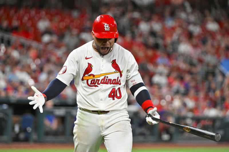 Jul 29, 2024; St. Louis, Missouri, USA;  St. Louis Cardinals catcher Willson Contreras (40) reacts after he was called out on strikes against the Texas Rangers during the eighth inning at Busch Stadium. Mandatory Credit: Jeff Curry-USA TODAY Sports
