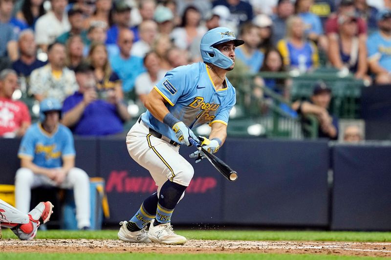 Jul 12, 2024; Milwaukee, Wisconsin, USA;  Milwaukee Brewers right fielder Sal Frelick (10) hits an RBI double during the fourth inning against the Washington Nationals at American Family Field. Mandatory Credit: Jeff Hanisch-USA TODAY Sports