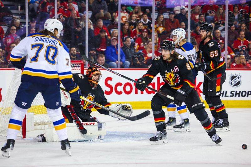 Jan 23, 2024; Calgary, Alberta, CAN; Calgary Flames goaltender Jacob Markstrom (25) guards his net against the St. Louis Blues during the third period at Scotiabank Saddledome. Mandatory Credit: Sergei Belski-USA TODAY Sports