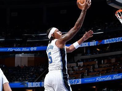 ORLANDO, FL - NOVEMBER 26: Paolo Banchero #5 of the Orlando Magic shoots the ball during the game against the Charlotte Hornets on November 26, 2023 at Amway Center in Orlando, Florida. NOTE TO USER: User expressly acknowledges and agrees that, by downloading and or using this photograph, User is consenting to the terms and conditions of the Getty Images License Agreement. Mandatory Copyright Notice: Copyright 2023 NBAE (Photo by Gary Bassing/NBAE via Getty Images)