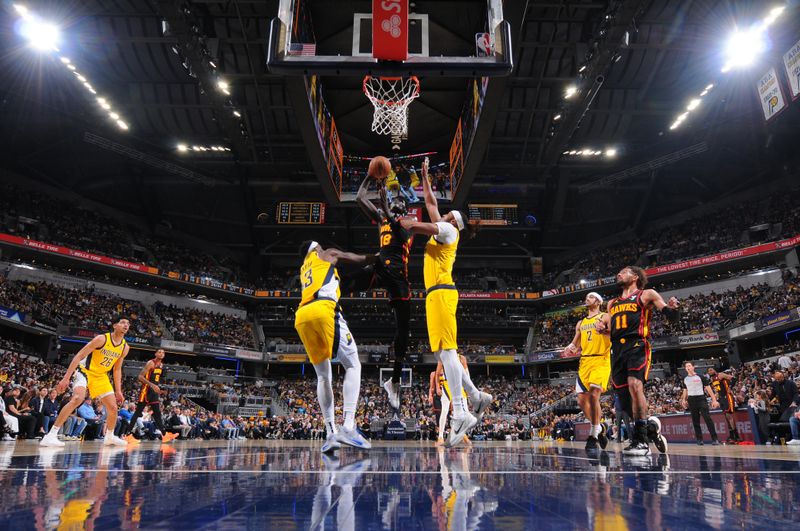 INDIANAPOLIS, IN - APRIL 14: Mouhamed Gueye #18 of the Atlanta Hawks shoots the ball during the game against the Indiana Pacers on April 14, 2024 at Gainbridge Fieldhouse in Indianapolis, Indiana. NOTE TO USER: User expressly acknowledges and agrees that, by downloading and or using this Photograph, user is consenting to the terms and conditions of the Getty Images License Agreement. Mandatory Copyright Notice: Copyright 2024 NBAE (Photo by Ron Hoskins/NBAE via Getty Images)