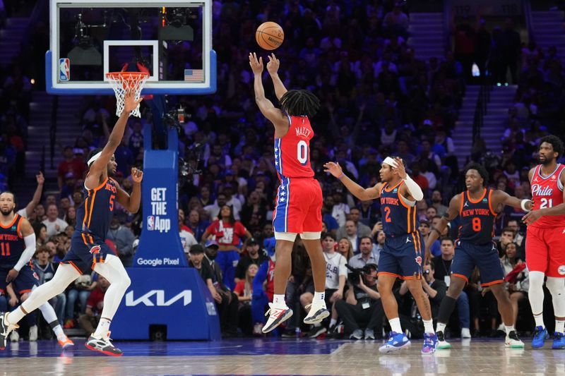 PHILADELPHIA, PA - APRIL 28: Tyrese Maxey #0 of the Philadelphia 76ers shoots the ball during the game against the New York Knicks during Round 1 Game 4 of the 2024 NBA Playoffs on April 28, 2024 at the Wells Fargo Center in Philadelphia, Pennsylvania NOTE TO USER: User expressly acknowledges and agrees that, by downloading and/or using this Photograph, user is consenting to the terms and conditions of the Getty Images License Agreement. Mandatory Copyright Notice: Copyright 2024 NBAE (Photo by Jesse D. Garrabrant/NBAE via Getty Images)