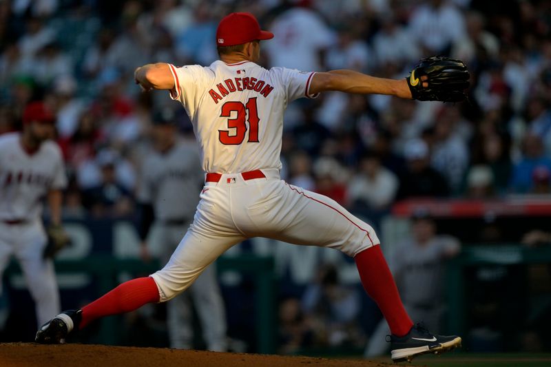 May 29, 2024; Anaheim, California, USA;  Los Angeles Angels starting pitcher Tyler Anderson (31) throws to the plate in the first inning against the New York Yankees at Angel Stadium. Mandatory Credit: Jayne Kamin-Oncea-USA TODAY Sports