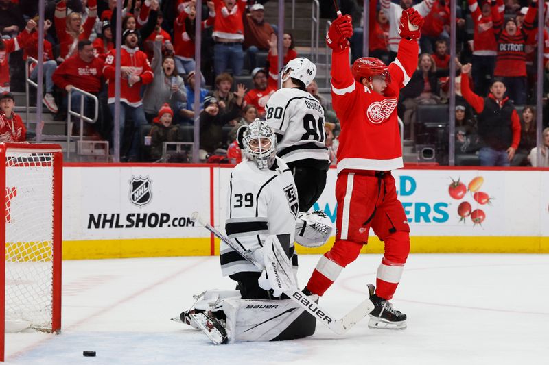 Jan 13, 2024; Detroit, Michigan, USA;  Detroit Red Wings center Andrew Copp (18) celebrates after scoring on Los Angeles Kings goaltender Cam Talbot (39) in the second period at Little Caesars Arena. Mandatory Credit: Rick Osentoski-USA TODAY Sports