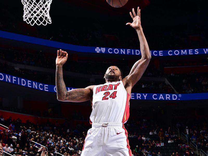 DETROIT, MI - NOVEMBER 12: Haywood Highsmith #24 of the Miami Heat grabs the rebound during the game against the Detroit Pistons during the Emirates NBA Cup game on November 12, 2024 at Little Caesars Arena in Detroit, Michigan. NOTE TO USER: User expressly acknowledges and agrees that, by downloading and/or using this photograph, User is consenting to the terms and conditions of the Getty Images License Agreement. Mandatory Copyright Notice: Copyright 2024 NBAE (Photo by Chris Schwegler/NBAE via Getty Images)