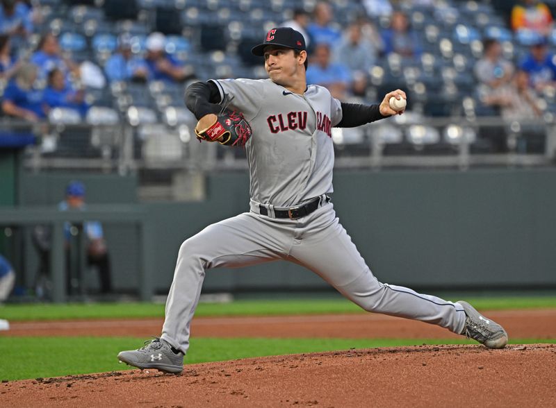 Sep 19, 2023; Kansas City, Missouri, USA; Cleveland Guardians starting pitcher Logan Allen (41) delivers a pitch in the first inning against the Kansas City Royals at Kauffman Stadium. Mandatory Credit: Peter Aiken-USA TODAY Sports