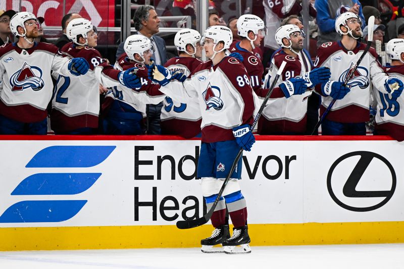 Mar 20, 2026; Chicago, Illinois, USA;  Colorado Avalanche center Martin Necas (88) celebrates with teammates after scoring a goal against the Chicago Blackhawks during the first period at United Center. Mandatory Credit: Matt Marton-Imagn Images