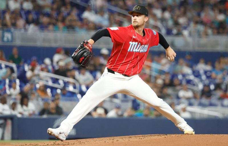 May 18, 2024; Miami, Florida, USA;  Miami Marlins starting pitcher Braxton Garrett (29) delivers a pitch in the second inning at loanDepot Park. Mandatory Credit: Rhona Wise-USA TODAY Sports