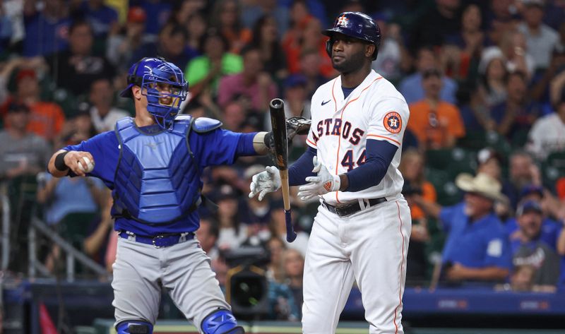 May 17, 2023; Houston, Texas, USA; Houston Astros left fielder Yordan Alvarez (44) reacts after striking out during the eighth inning against the Chicago Cubs at Minute Maid Park. Mandatory Credit: Troy Taormina-USA TODAY Sports