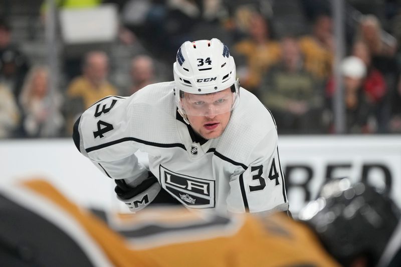Dec 28, 2023; Las Vegas, Nevada, USA; Los Angeles Kings right wing Arthur Kaliyev (34) plays against the Vegas Golden Knights during the first period at T-Mobile Arena. Mandatory Credit: Lucas Peltier-USA TODAY Sports