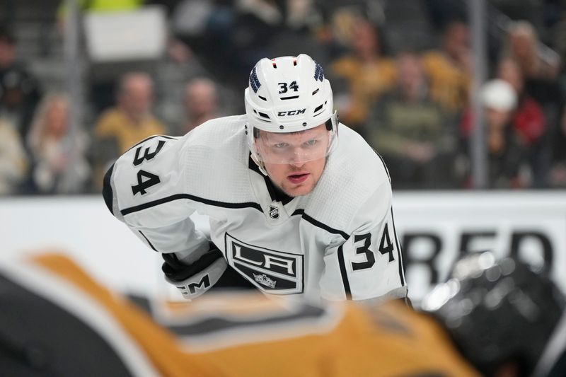 Dec 28, 2023; Las Vegas, Nevada, USA; Los Angeles Kings right wing Arthur Kaliyev (34) plays against the Vegas Golden Knights during the first period at T-Mobile Arena. Mandatory Credit: Lucas Peltier-USA TODAY Sports