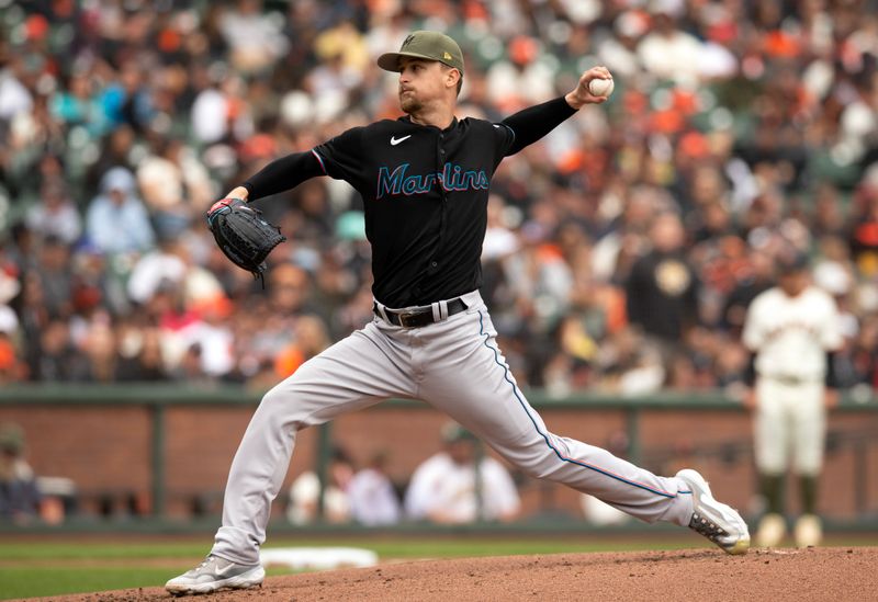 May 20, 2023; San Francisco, California, USA; Miami Marlins starting pitcher Braxton Garrett (29) delivers a pitch against the San Francisco Giants during the second inning at Oracle Park. Mandatory Credit: D. Ross Cameron-USA TODAY Sports