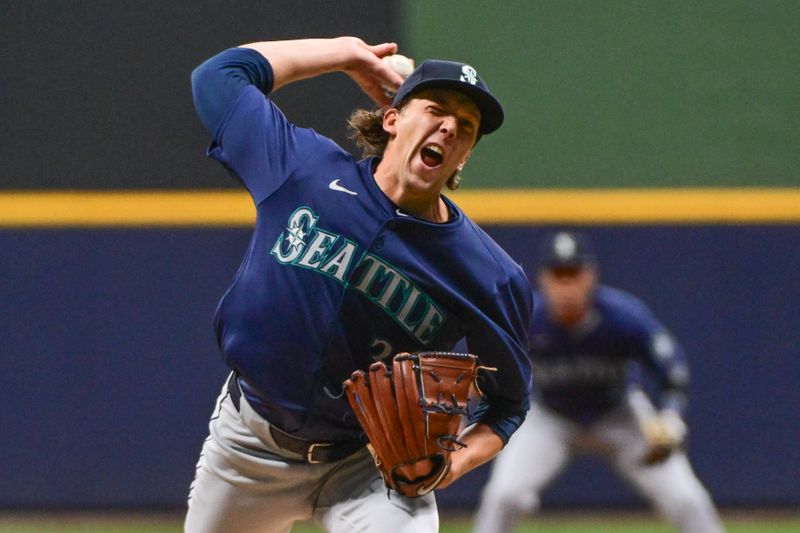 Apr 5, 2024; Milwaukee, Wisconsin, USA; Seattle Mariners pitcher Logan Gilbert (36) throws a pitch in the first inning against the Milwaukee Brewers at American Family Field. Mandatory Credit: Benny Sieu-USA TODAY Sports